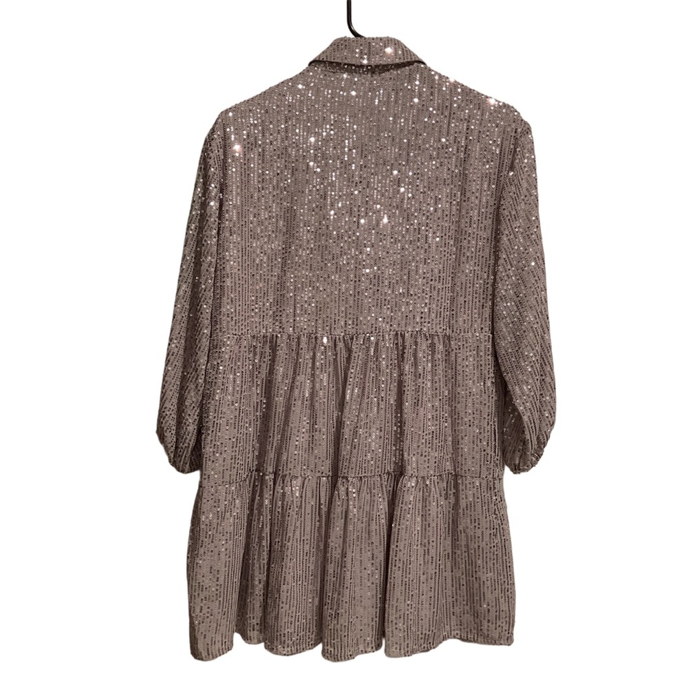 Anthropologie Maeve Bettina Sequin Tiered Mini Shirt Dress Silver - Picture 2 of 10